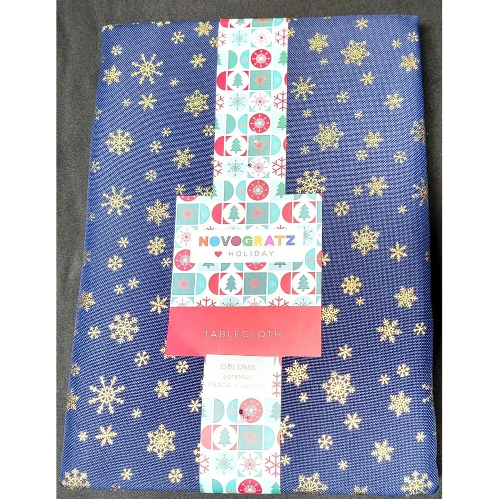 Novogratz Holiday Tablecloth Blue Gold Metallic Snowflakes 60x104 Oblong NIP NWT